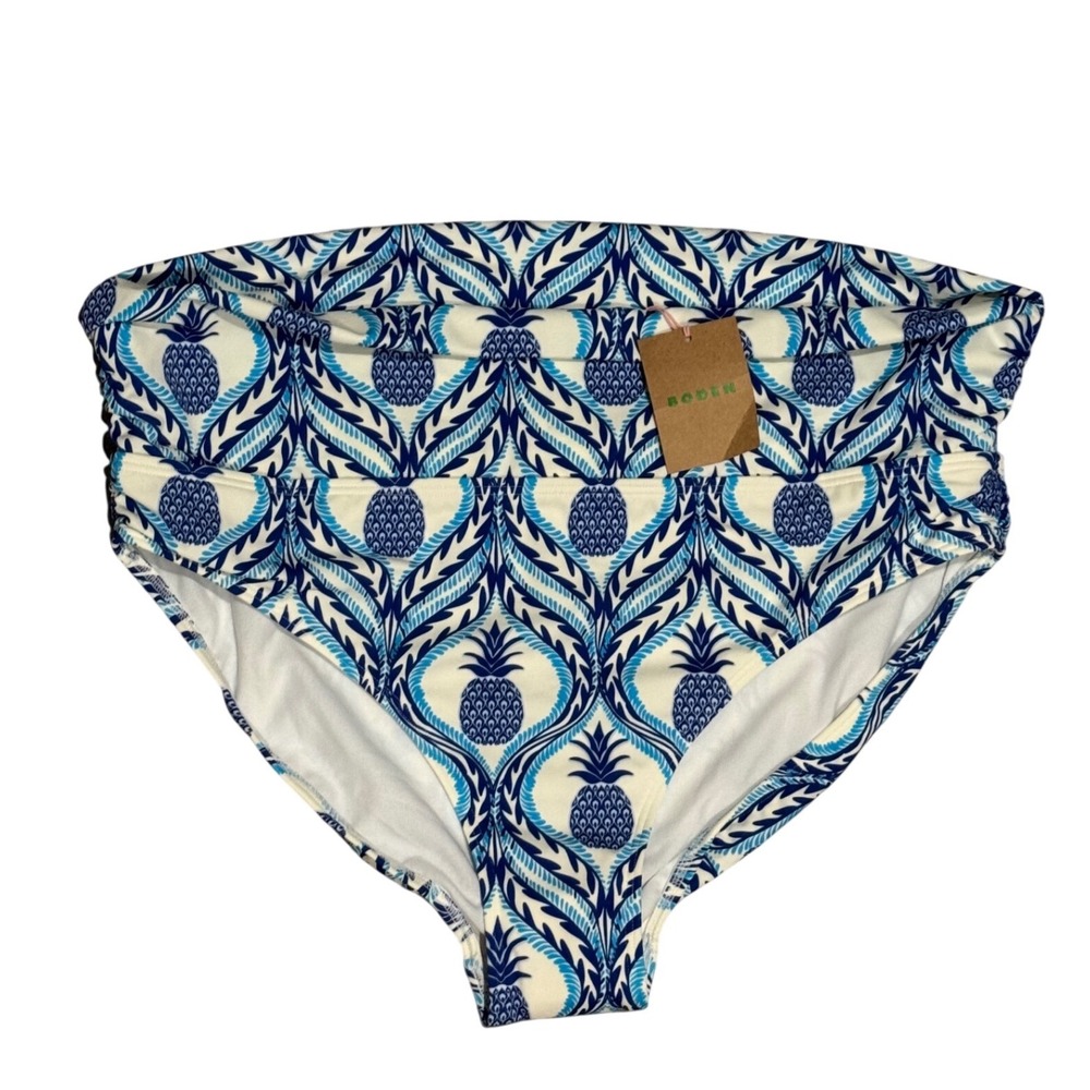 Boden Bikini Bottoms Women US 14 Blue White Pineapple Fold Over NWT S0154